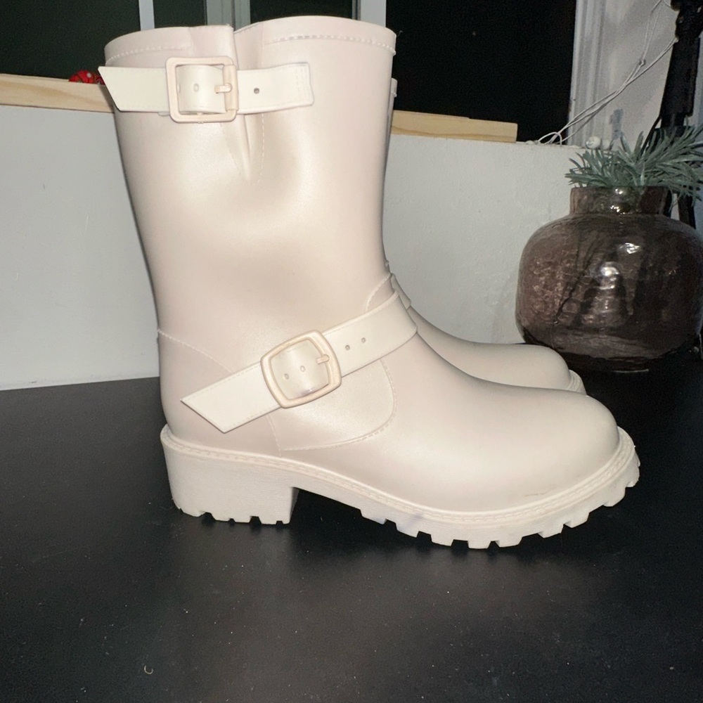 Women’s Cream Mid-Calf Rain Boots with Buckle Detail